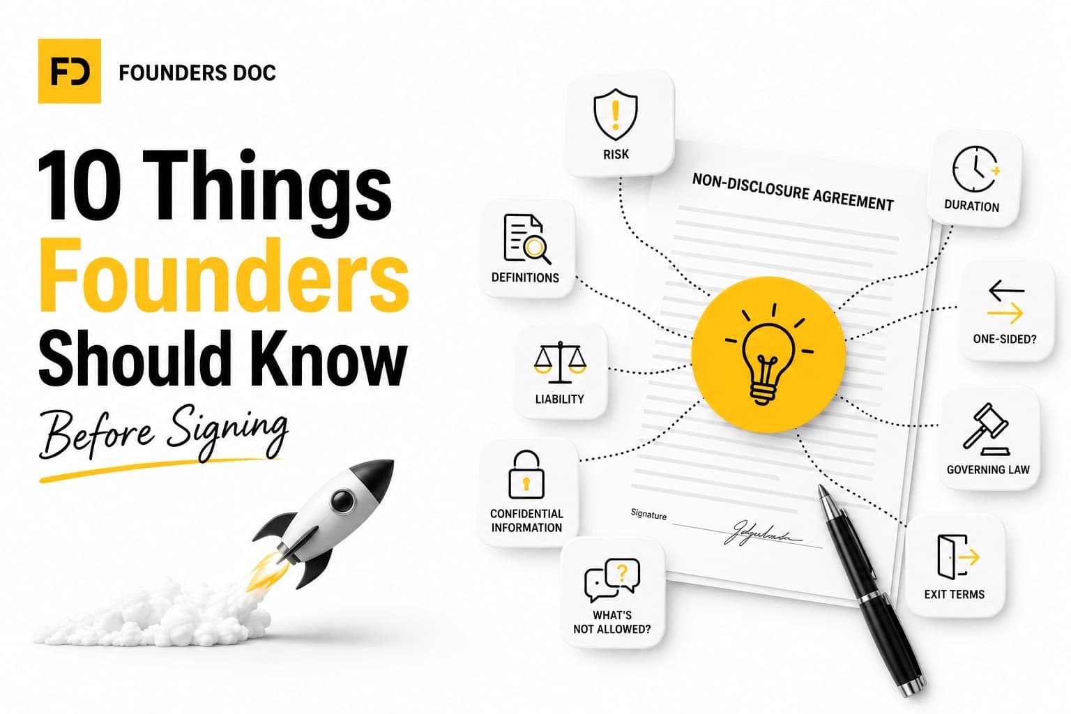 Illustrated cover โ a rocket beside a non-disclosure agreement ringed by icons for risk, liability, confidential information, duration, governing law and exit terms