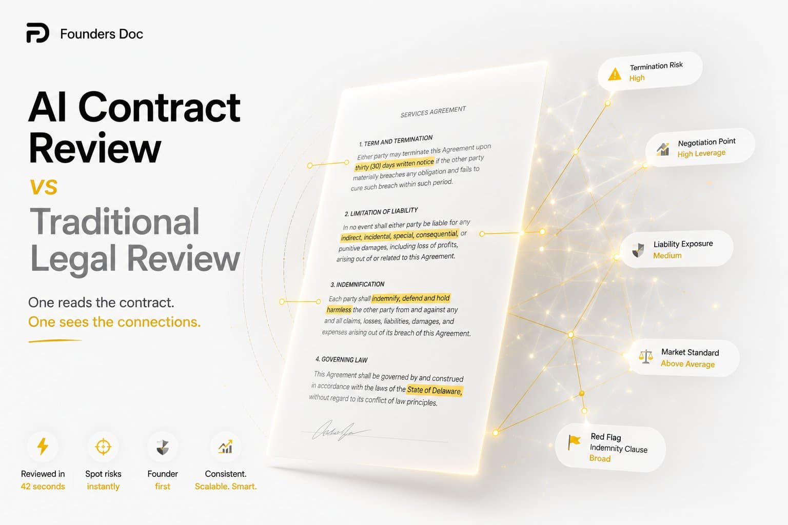 A services agreement with AI-highlighted clauses and risk annotations beside a traditional legal review