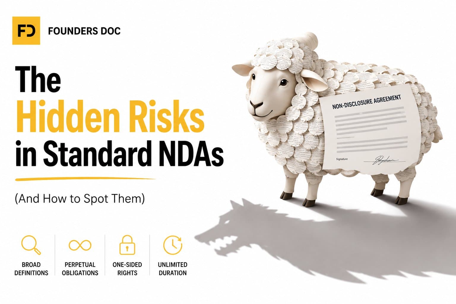 A sheep made of non-disclosure-agreement paper casting a wolf's shadow