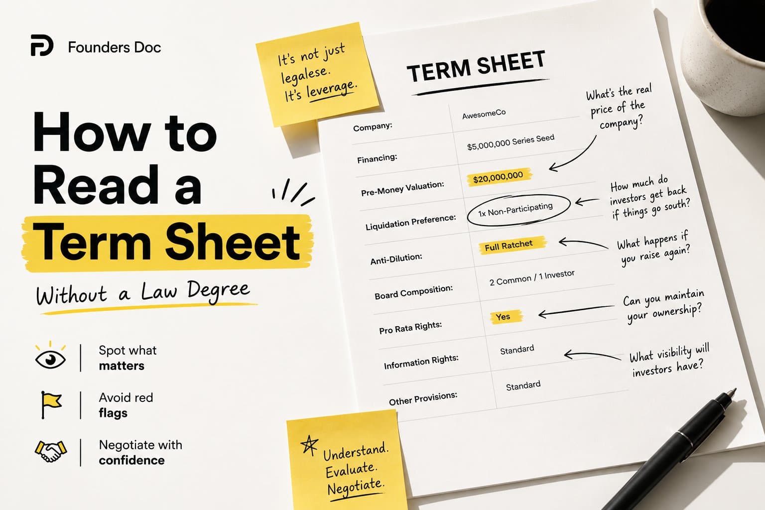 An annotated startup term sheet highlighting valuation, liquidation preference, anti-dilution and pro-rata rights