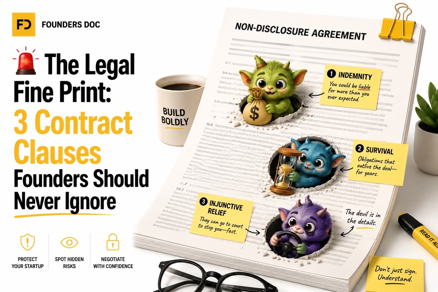 Illustrated cover โ three cartoon gremlins emerging from a non-disclosure agreement labelled indemnity, survival and injunctive relief, beside a 'build boldly' coffee cup