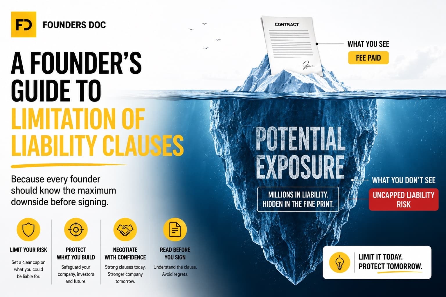 An iceberg showing the contract fee paid above the waterline and the far larger uncapped liability risk hidden beneath