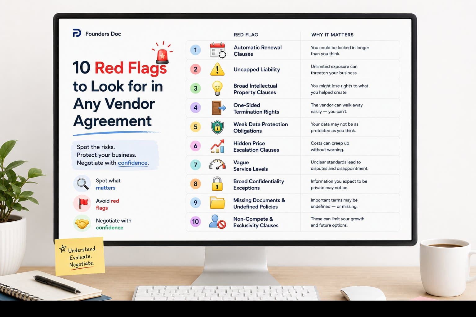 A monitor showing 10 vendor-agreement red flags as a numbered checklist