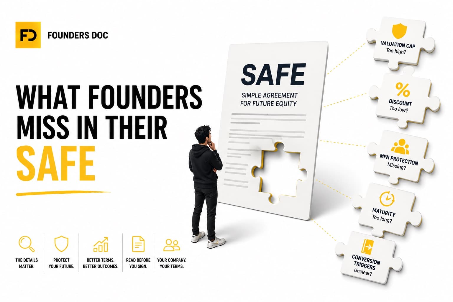 Illustrated cover โ a founder studying a SAFE agreement with a missing puzzle piece, ringed by pieces for valuation cap, discount, MFN protection, maturity and conversion triggers